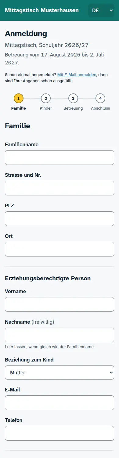 Anmeldeformular am Handy: Wochenraster mit Kostenschätzung
