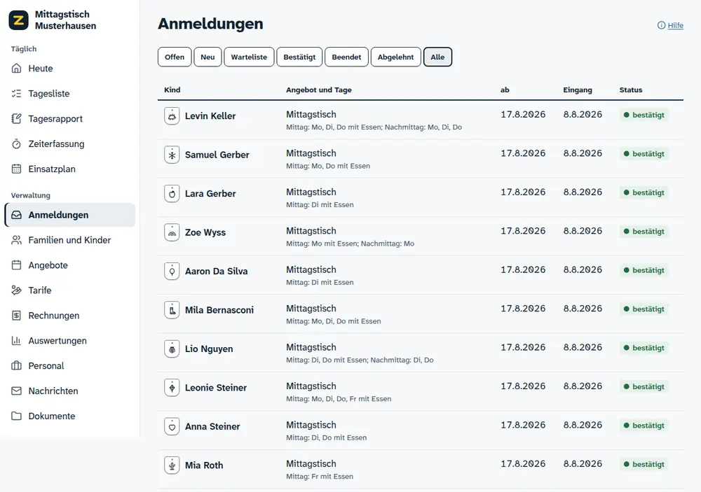 Liste der Anmeldungen mit Status