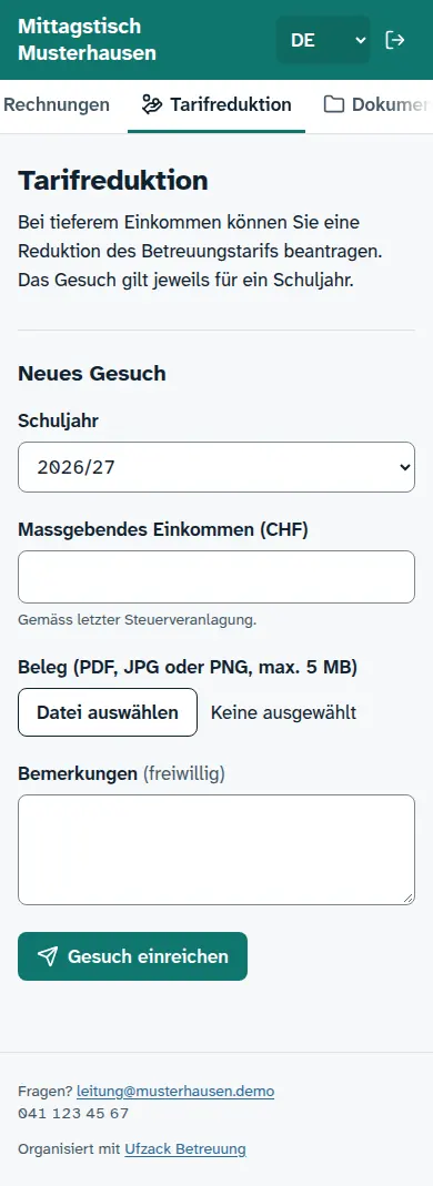 Gesuch um Tarifreduktion im Elternportal