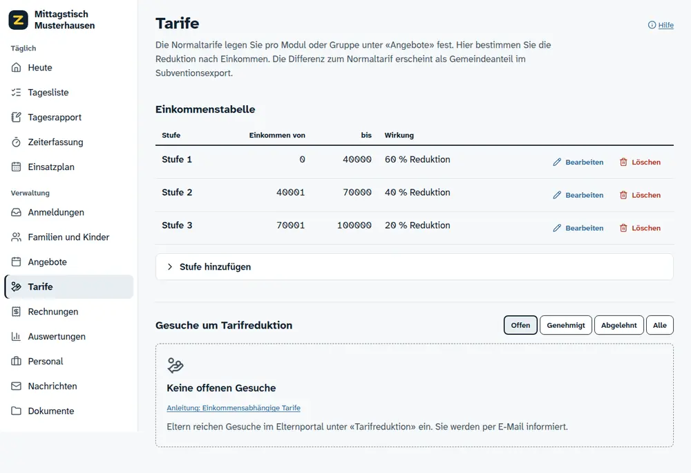 Tarife: Einkommensstufen und Gesuche der Eltern