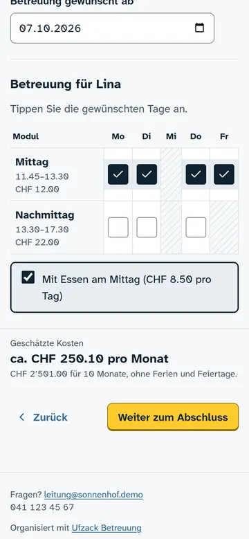 Anmeldeformular am Handy: Wochenraster mit gewählten Mittagen, Essen angekreuzt, geschätzte Kosten pro Monat