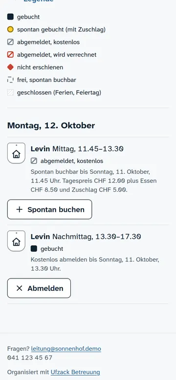 Elternportal am Handy: Monatskalender mit gebuchten Tagen und Tagesdetail mit Frist und Knopf «Spontan buchen»