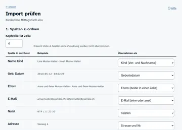 Import einer Excel-Liste am Laptop: Spalten wie «Name Kind», «Geb. Datum» und «Natel» sind automatisch den richtigen Feldern zugeordnet