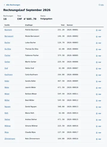 Rechnungslauf am Laptop: 18 Rechnungen mit Familie, Empfänger, Betrag, Nummer und PDF