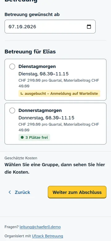 Anmeldung für die Spielgruppe am Handy: Dienstagmorgen ausgebucht mit Hinweis auf Warteliste, Donnerstagmorgen mit 3 freien Plätzen